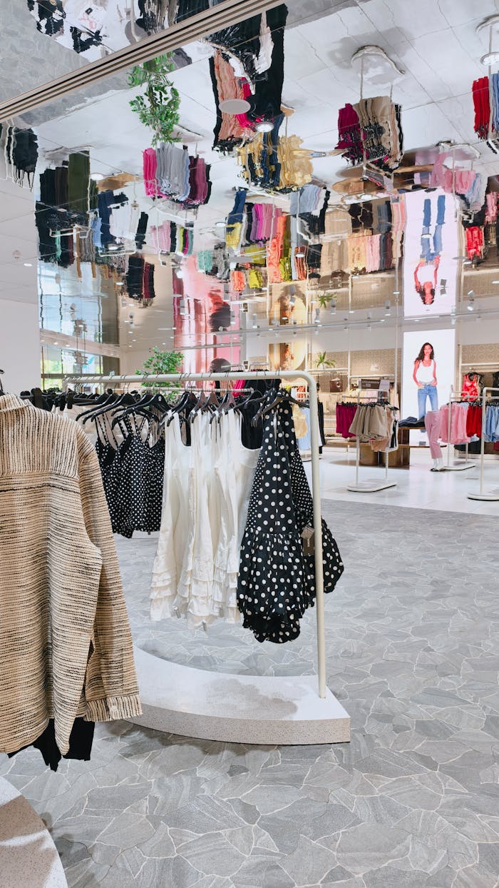 Interior view of a stylish fashion store featuring a vibrant mirror ceiling and clothing racks.